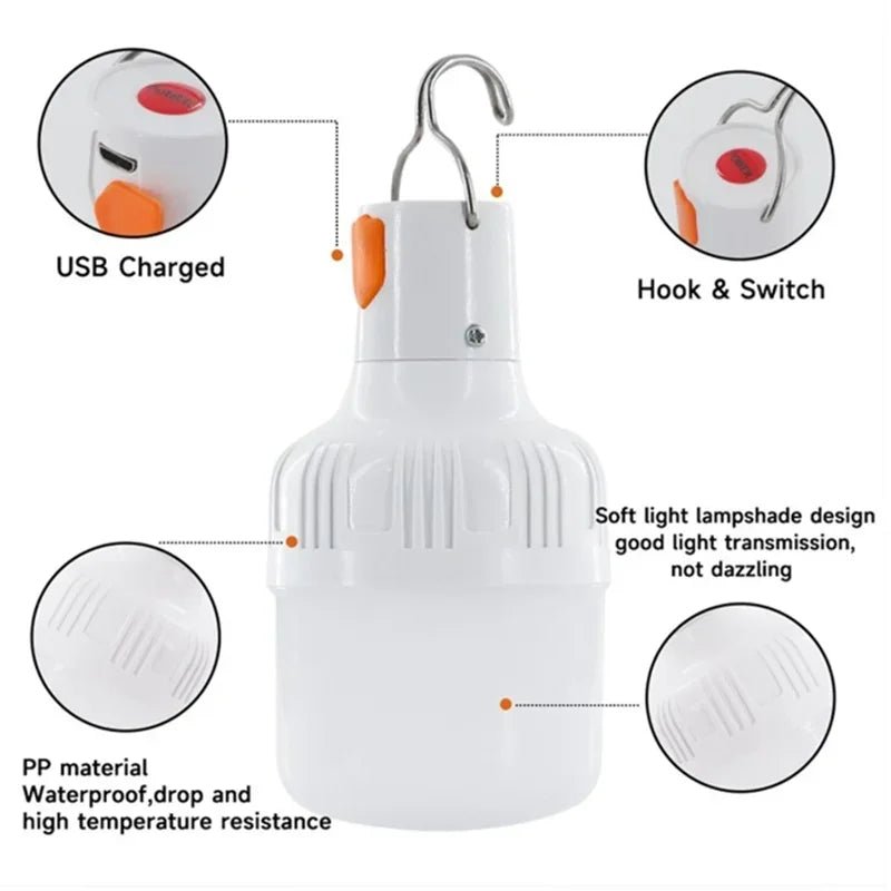 1PC Outdoor USB Rechargeable LED Lamp Bulbs 60W Emergency Light Hook Up Camping Fishing Portable Lantern Night Lights LT014 - Corkscrew Kid