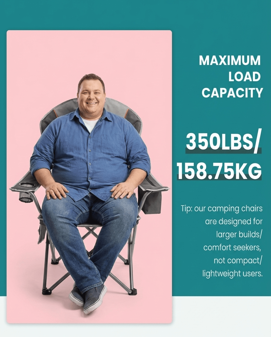 500 lbs Heavy Duty Folding Camping Chair w/ Cup Holder & Cooler Bag | Portable Outdoor Beach Seat - Corkscrew Kid