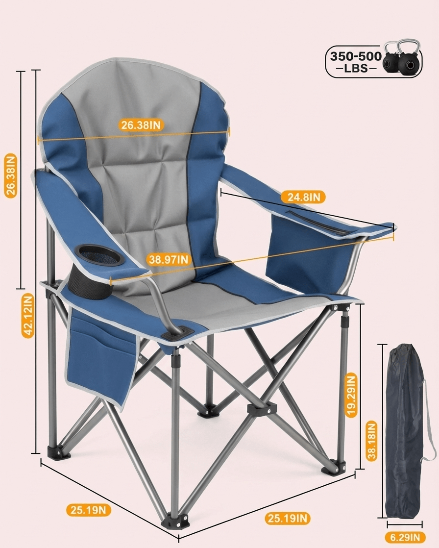 500 lbs Heavy Duty Folding Camping Chair w/ Cup Holder & Cooler Bag | Portable Outdoor Beach Seat - Corkscrew Kid