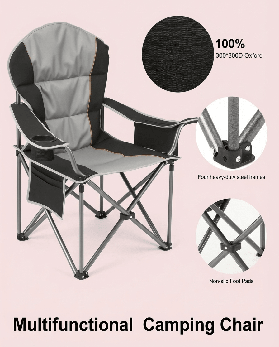 500 lbs Heavy Duty Folding Camping Chair w/ Cup Holder & Cooler Bag | Portable Outdoor Beach Seat - Corkscrew Kid