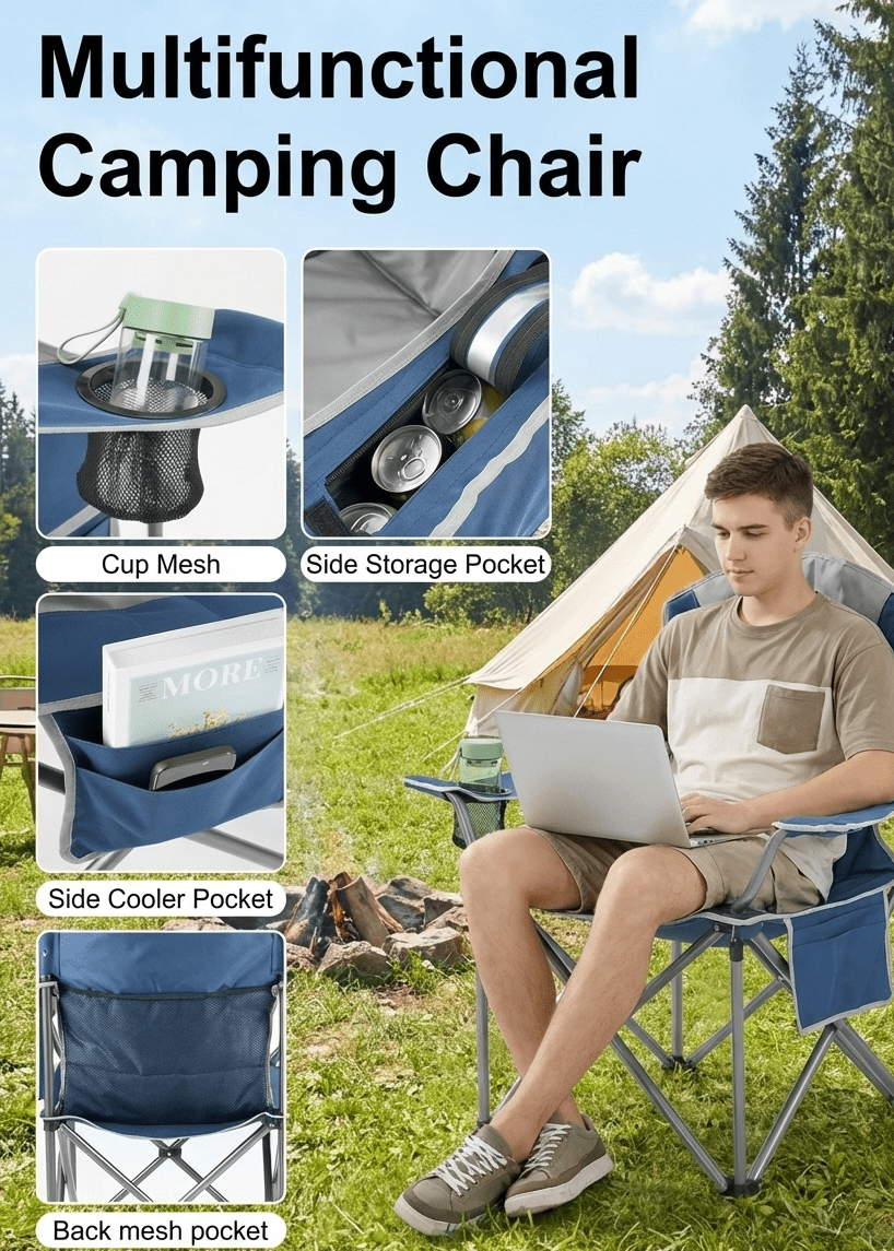 500 lbs Heavy Duty Folding Camping Chair w/ Cup Holder & Cooler Bag | Portable Outdoor Beach Seat - Corkscrew Kid