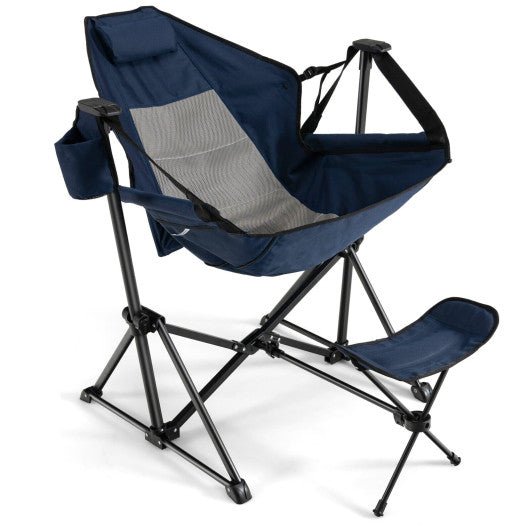 Hammock Camping Chair with Retractable Footrest and Carrying Bag-Navy - Corkscrew Kid