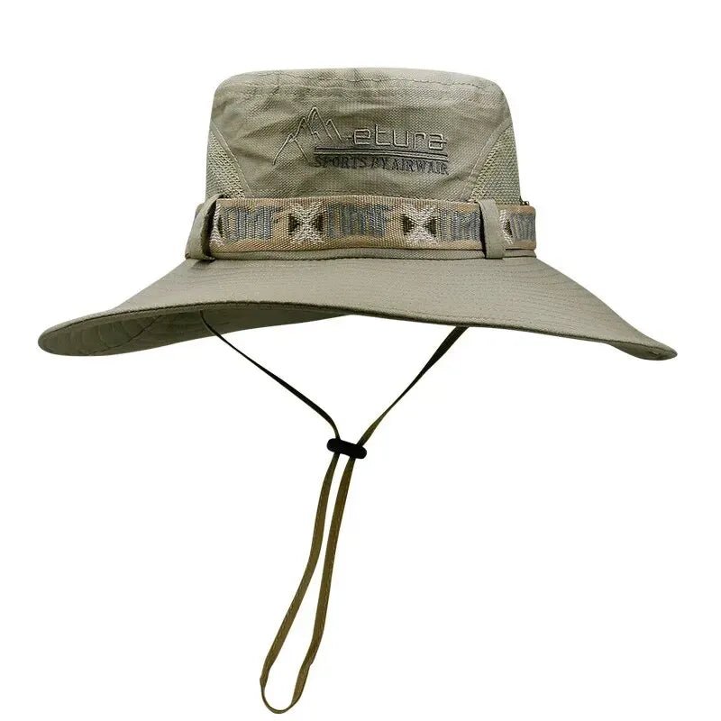Summer Men's Wide Brim Bucket Hat UV Protection Panama Style Mesh Fisherman Beach Sun Hat for Outdoor Hunting Hiking - Corkscrew Kid